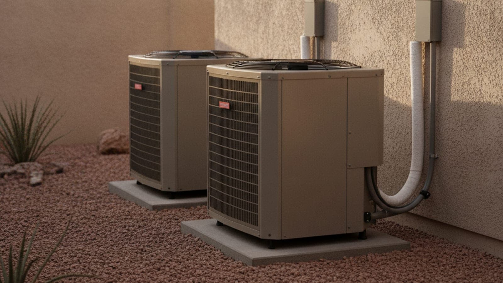 Two outdoor heat pump units on pads beside a stucco wall in a narrow Tucson side yard
