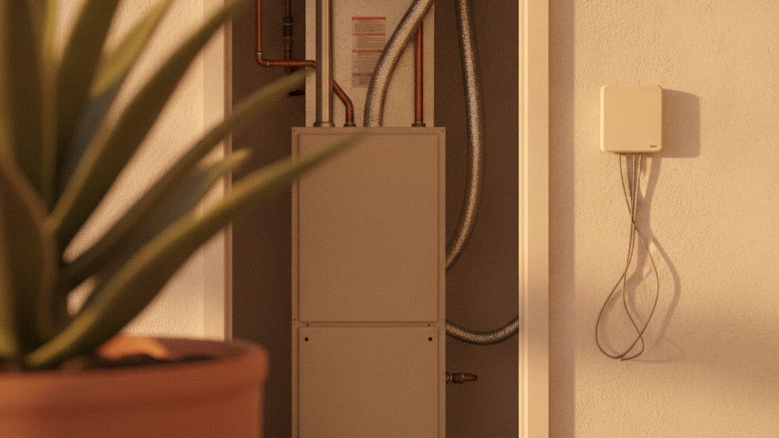 Gas furnace in a small utility closet of a Tucson home with the access panel closed and a thermostat on the wall nearby