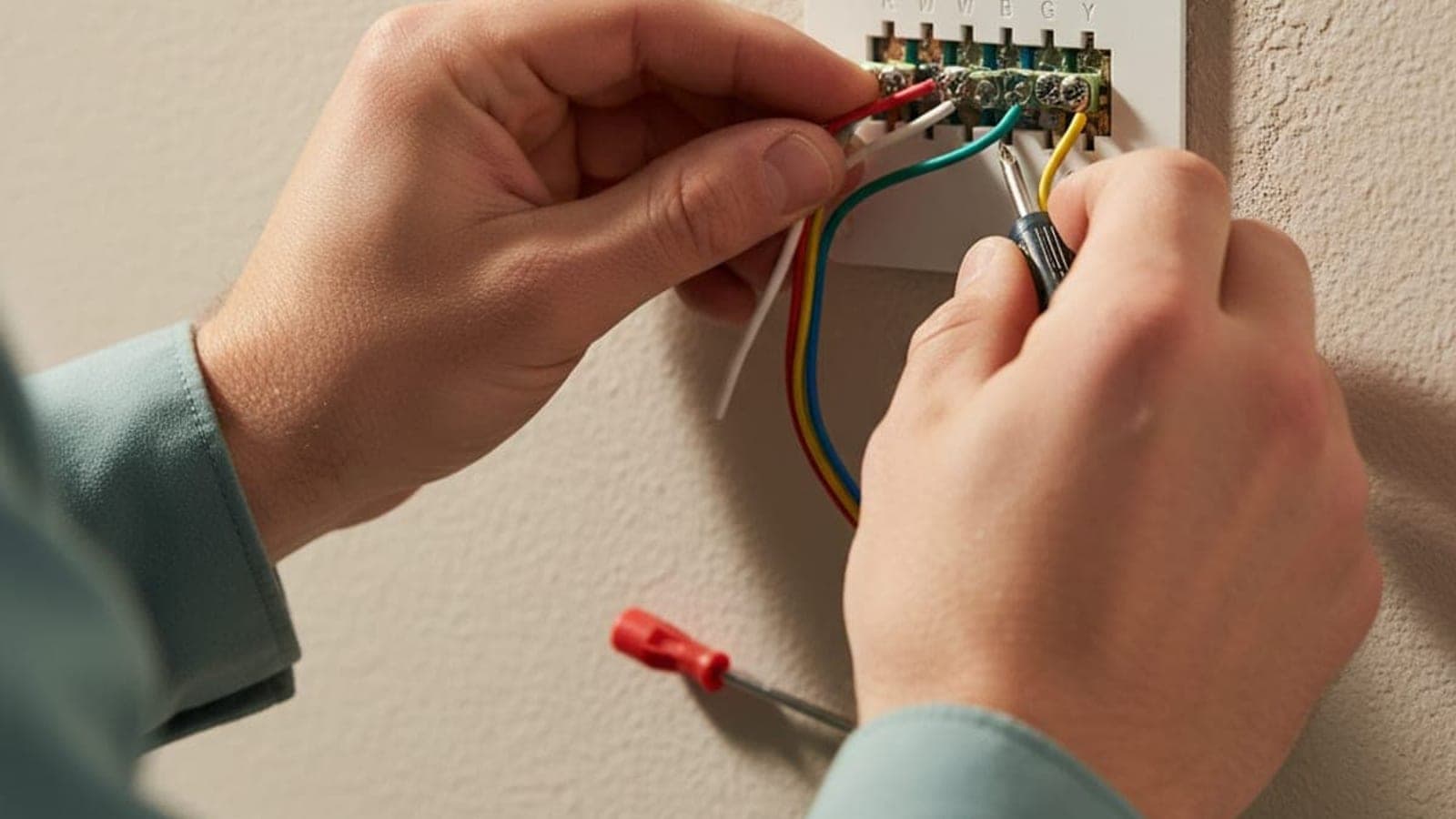 A technician's hands connecting colored low-voltage wires to a thermostat terminal block