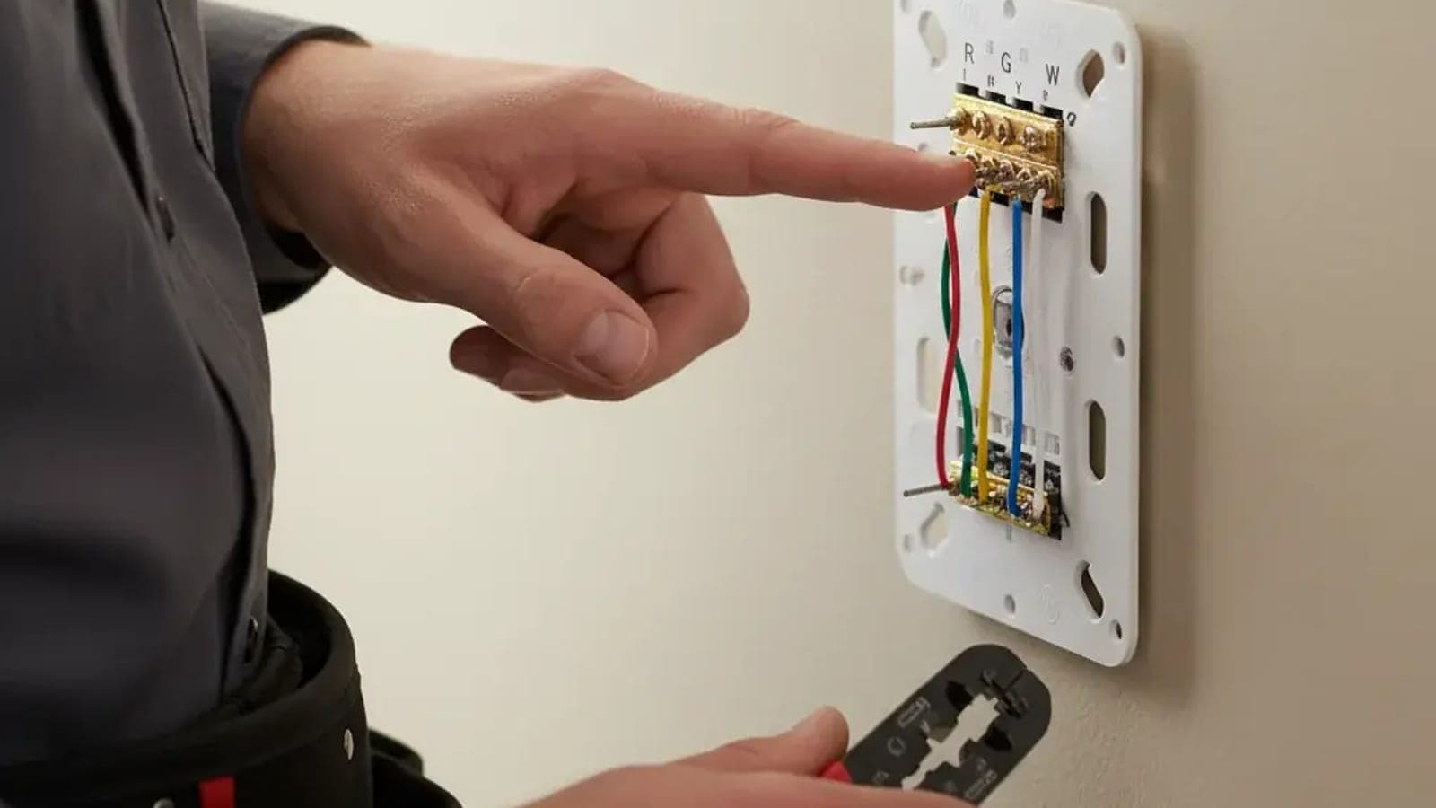 A technician pointing at the wire terminals on a thermostat base plate, wire strippers in hand