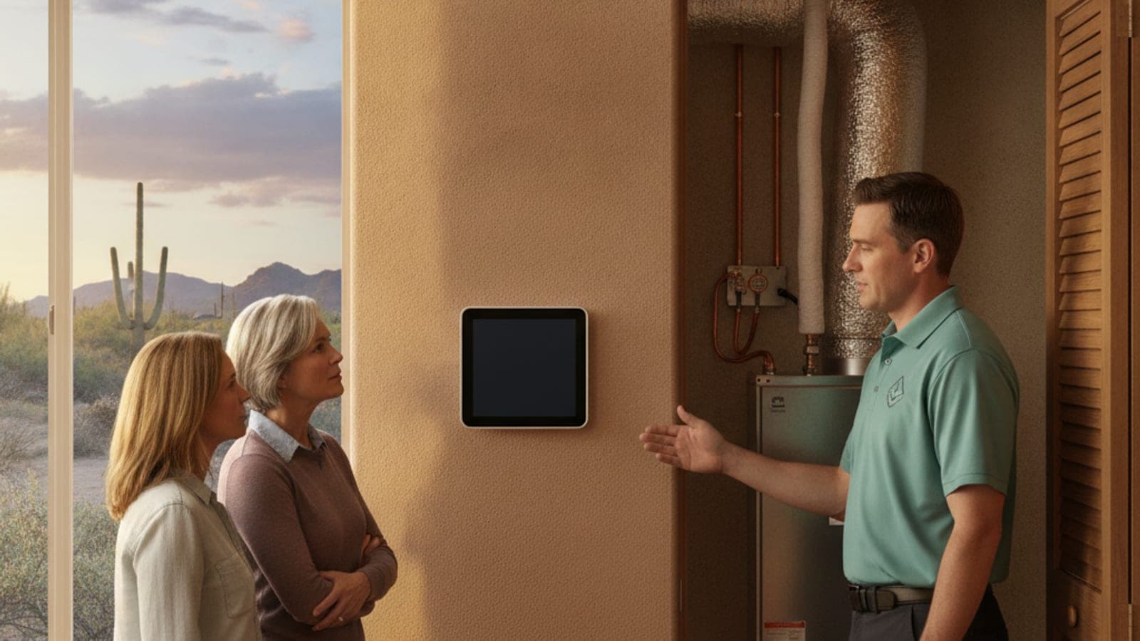 Smart thermostat on a living room wall in a Tucson home with a heat pump air handler closet nearby