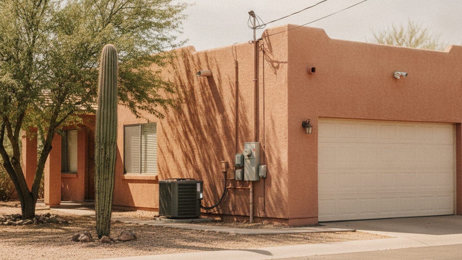 Quiet Tucson stucco home with drawn shades in summer, a closed garage door, palo verde and saguaro under harsh midday sun