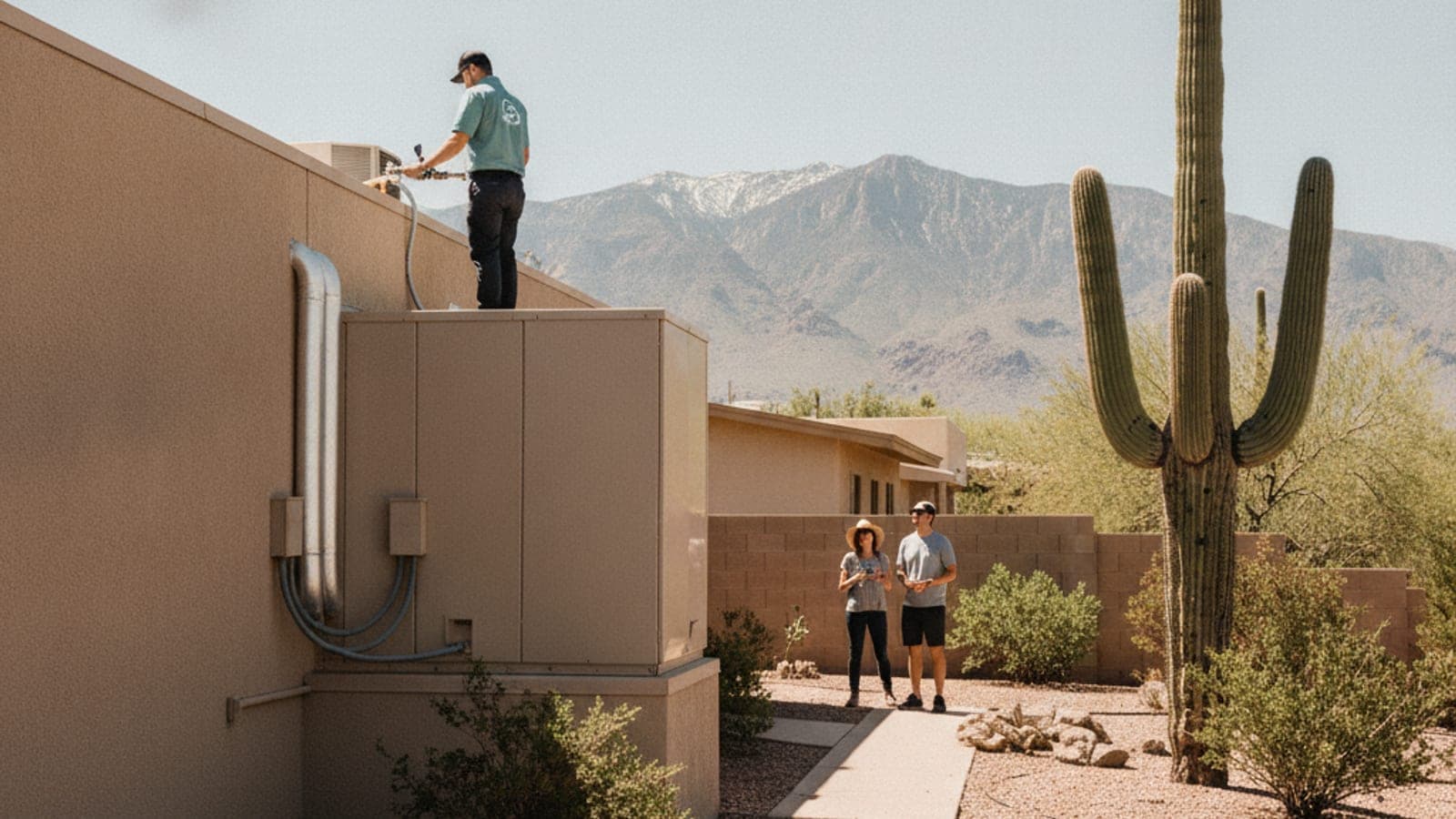 Flat-roofed Tucson home with a rooftop package unit and a saguaro in the yard under bright desert light