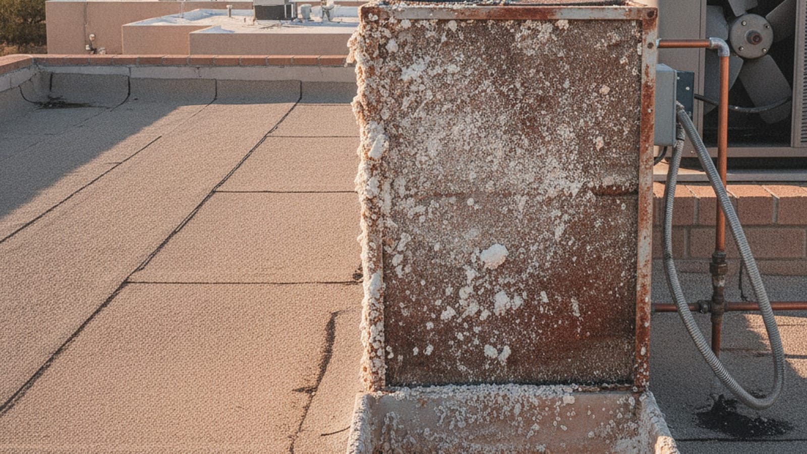 Close view of a white mineral-crusted evaporative cooler pad and pan on a Tucson roof in bright desert sun