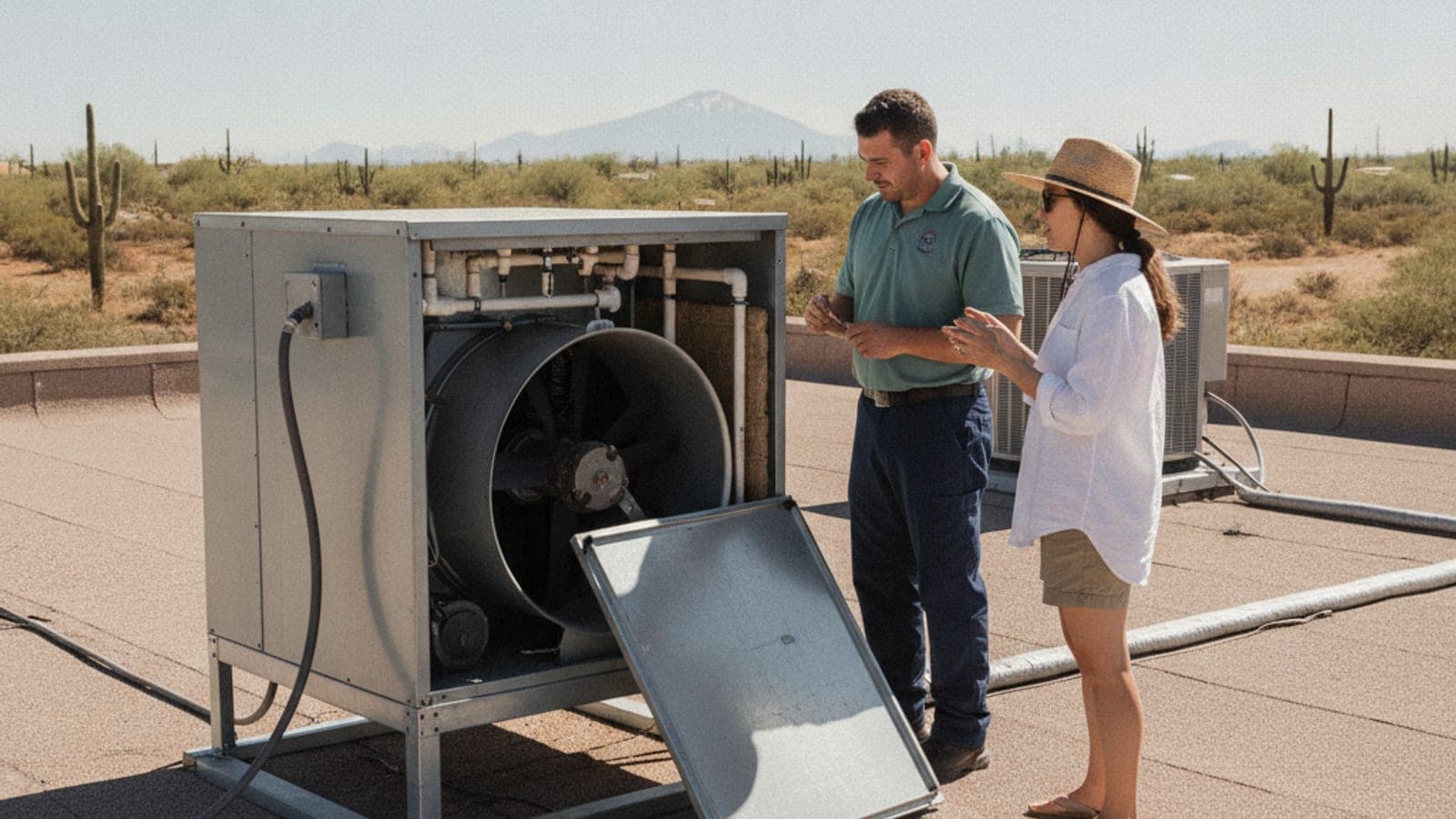 Rooftop evaporative cooler with its side panel off on a Tucson flat roof under hard desert sun