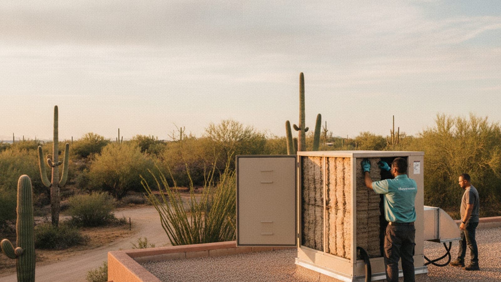 Rooftop evaporative cooler with its side panel open on a flat-roofed stucco home in Tucson, saguaro and palo verde below in hard desert light