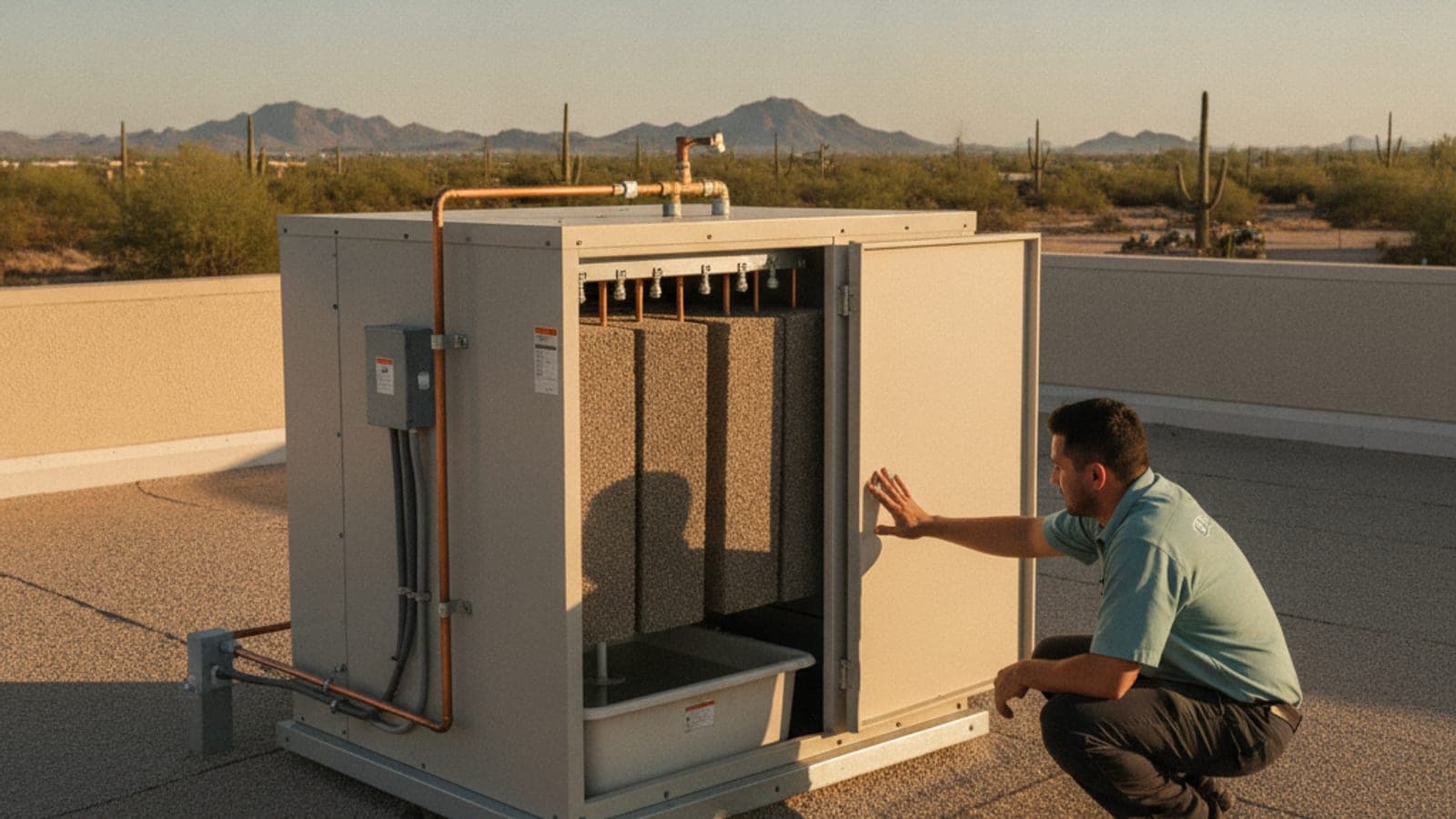 Open evaporative cooler panel on a Tucson rooftop showing damp pads and a small water pump in the sump, desert sunlight