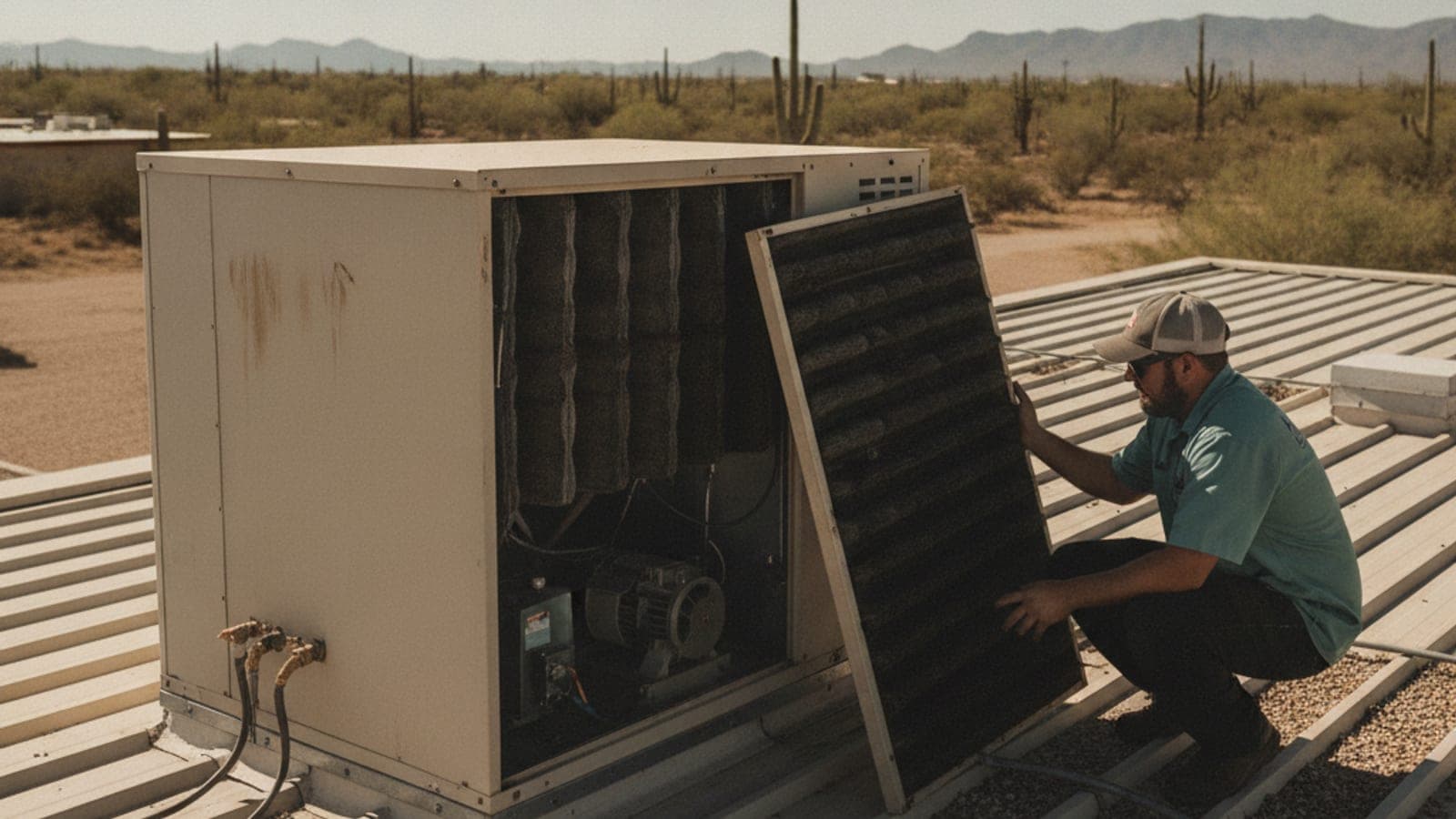 Evaporative cooler on a Tucson flat roof with its pad panel removed in bright desert light