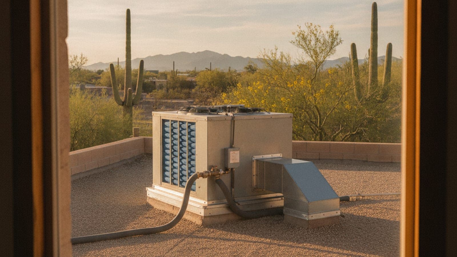 Rooftop evaporative cooler on a flat-roofed Tucson block home with a saguaro and palo verde below in spring light