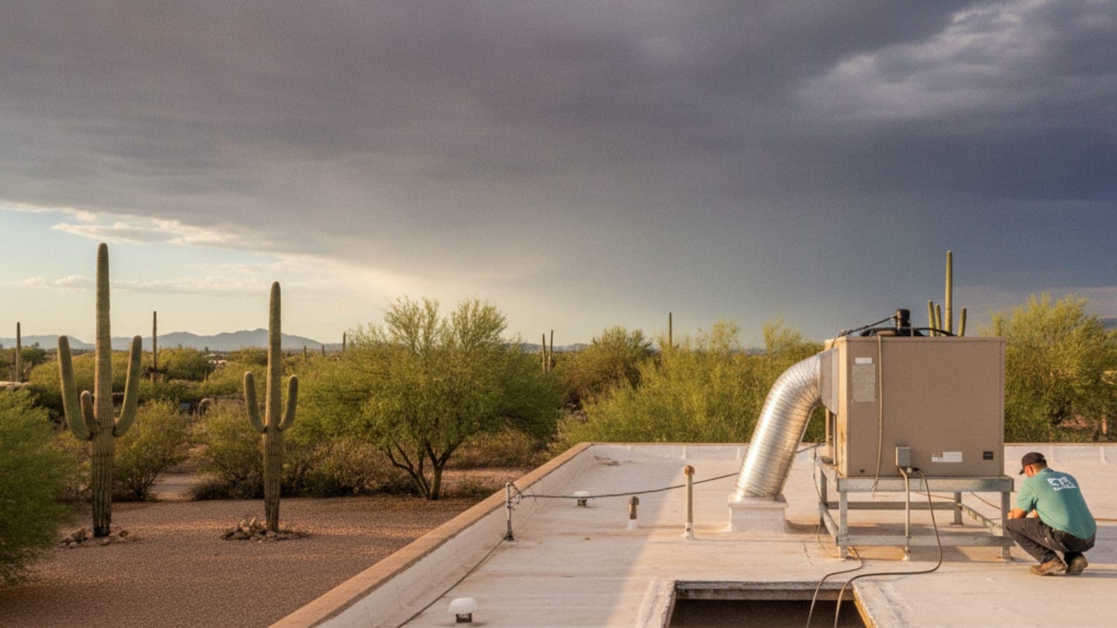 Rooftop evaporative cooler on a flat-roofed Tucson stucco home under monsoon clouds with a palo verde in the yard