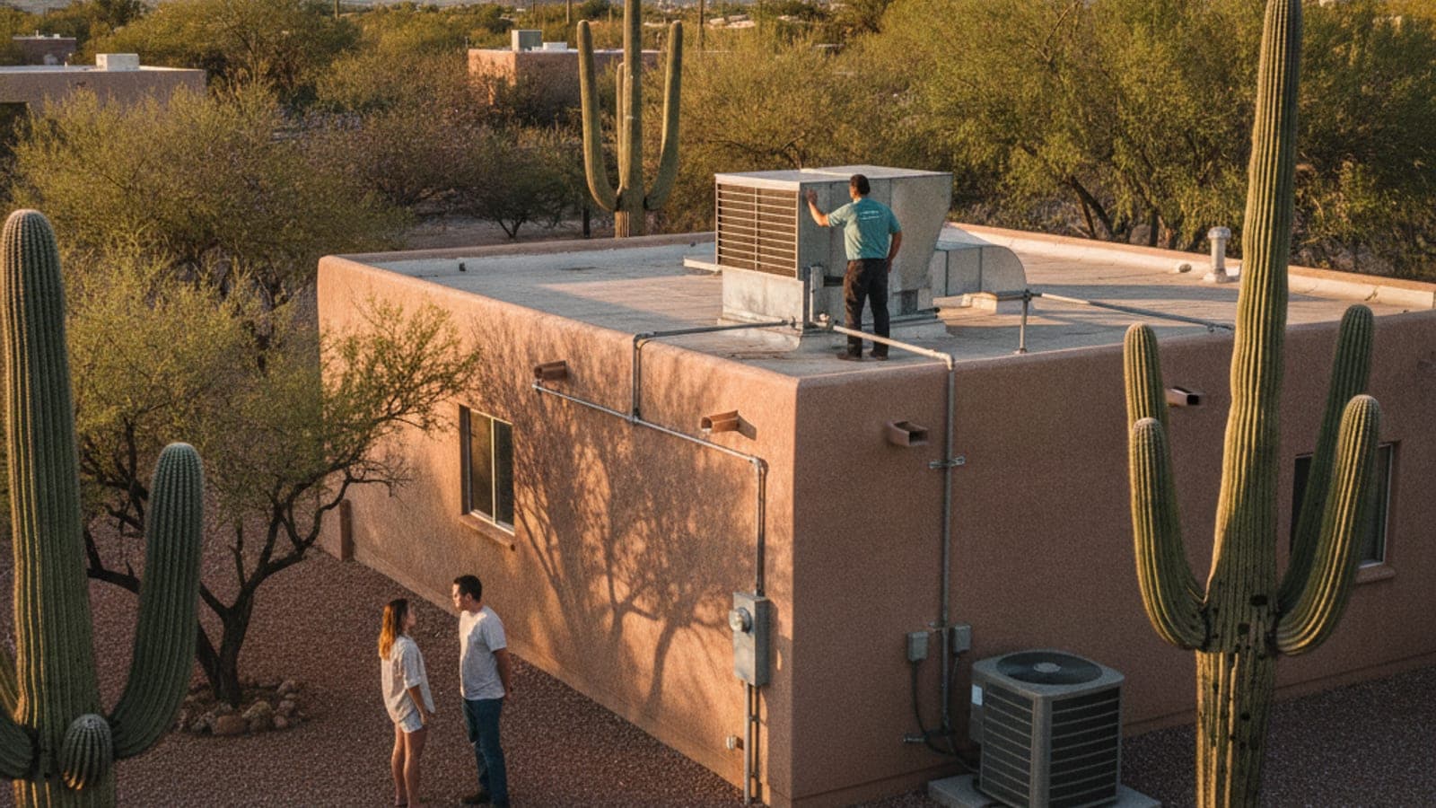 Flat-roofed stucco home in Tucson with a rooftop evaporative cooler under hard desert sun, saguaro and palo verde in the yard