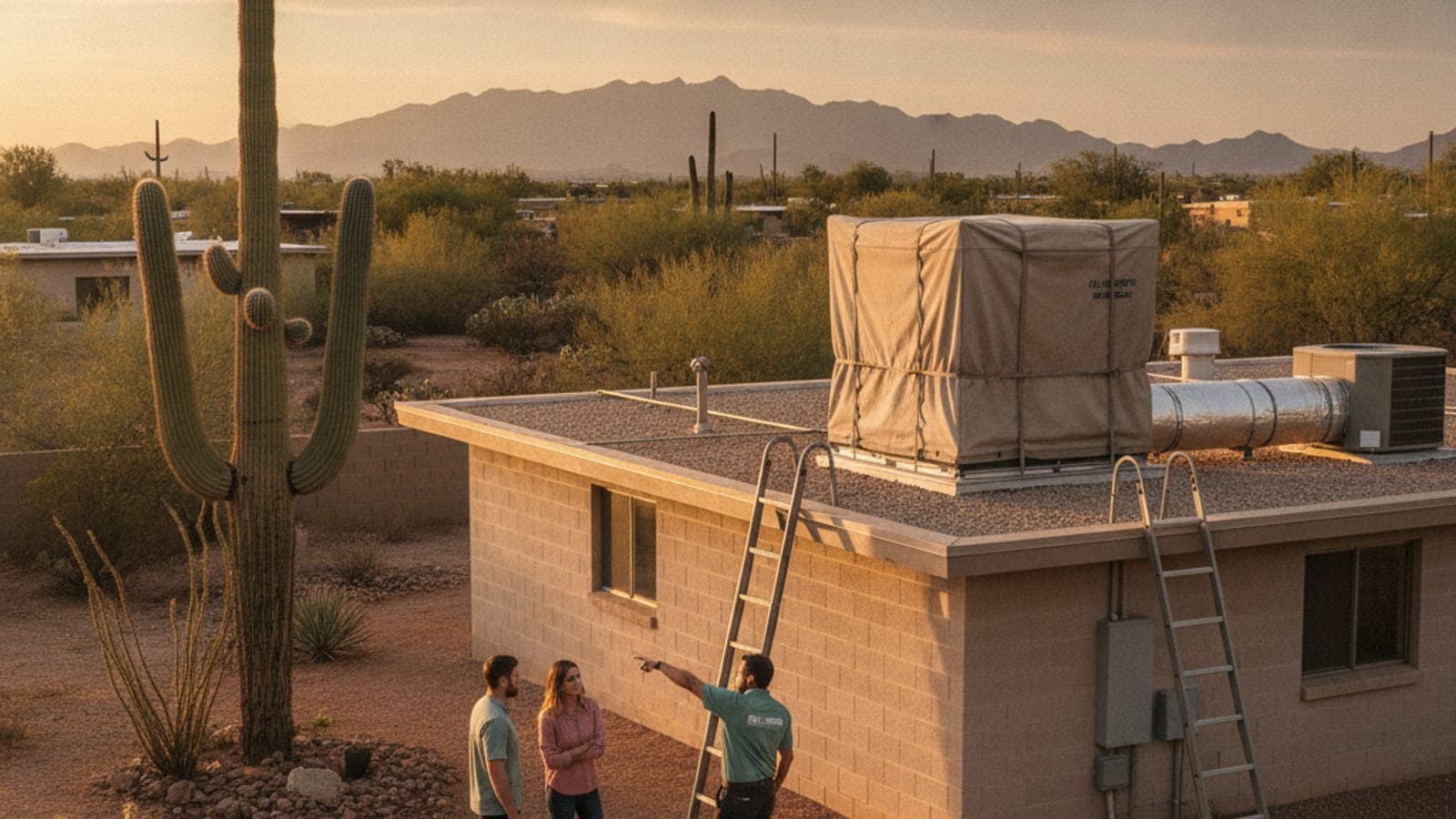 Evaporative cooler on a flat roof of a Tucson block home with a fitted winter cover and a saguaro in the yard