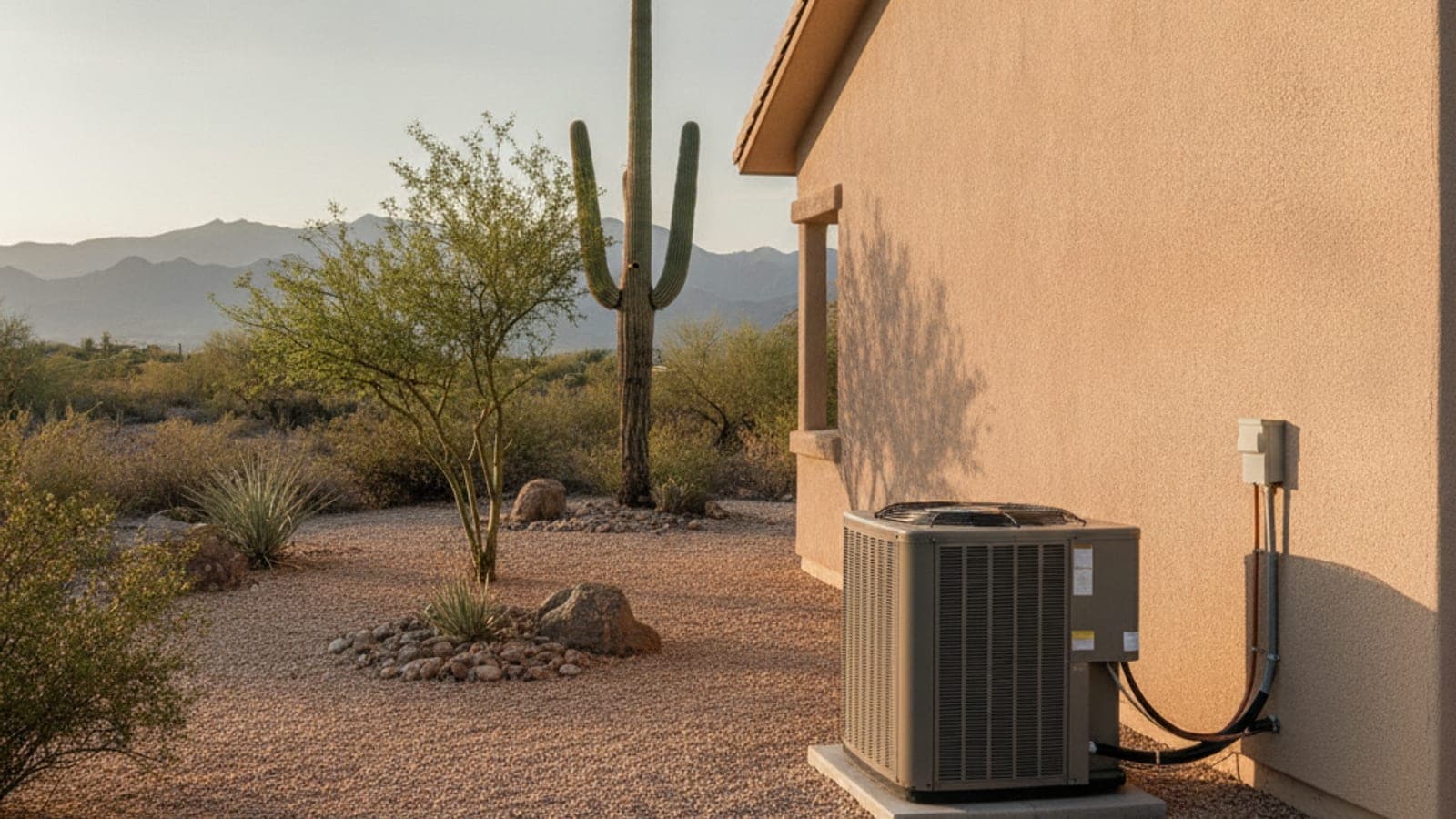 Stucco Tucson home with a heat pump condenser on a gravel pad, saguaro and palo verde in warm desert light