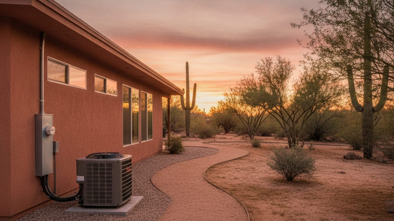 Stucco Tucson home at dusk with a ground-set AC condenser, a saguaro and a palo verde tree in the yard