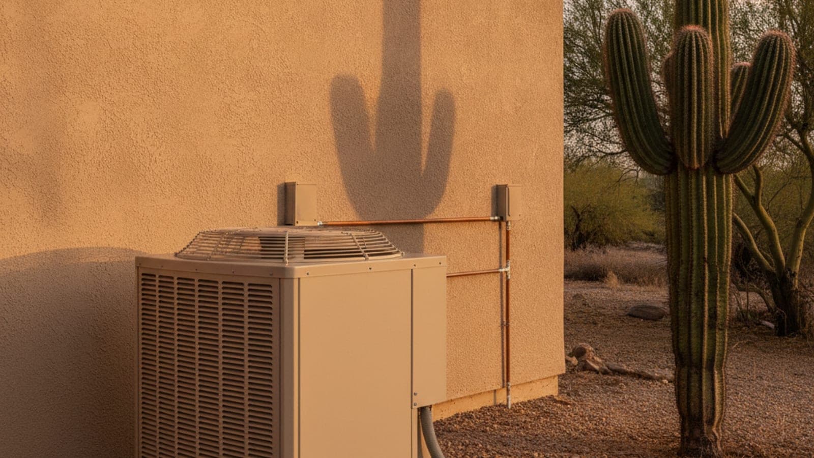 Outdoor heat pump condenser beside a stucco house in Tucson with a saguaro and palo verde in the yard