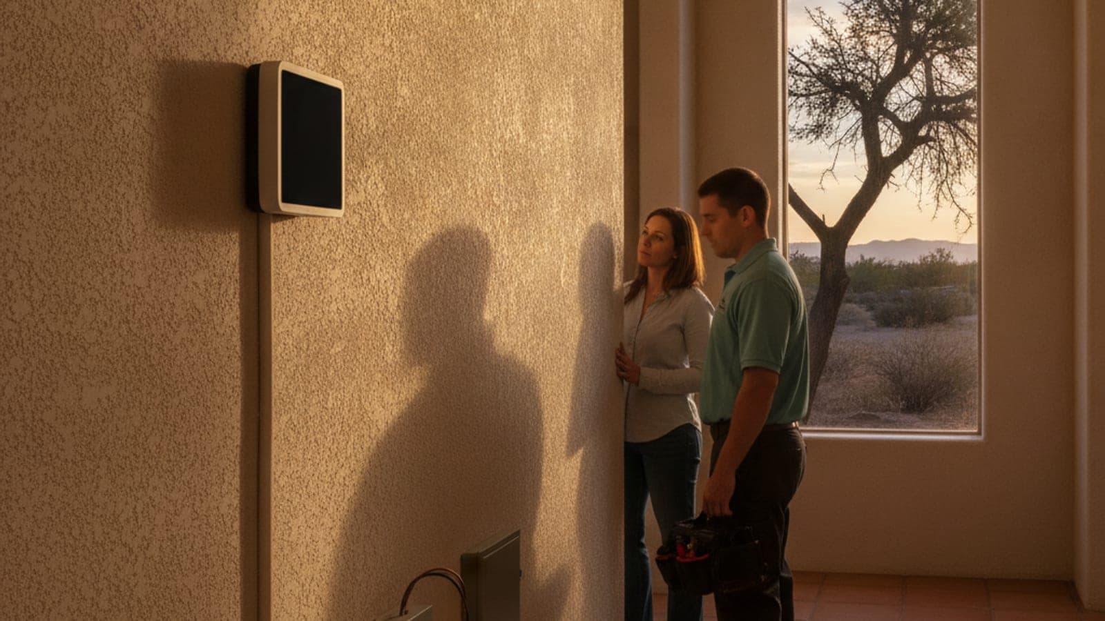 Programmable wall thermostat in a Tucson hallway with warm late-afternoon desert light on a stucco wall