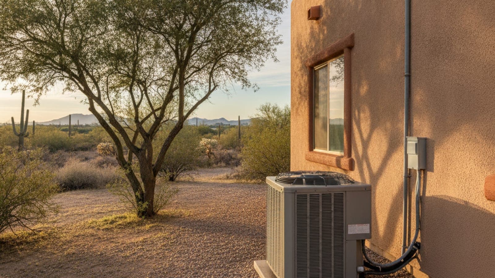 Early morning light on a Tucson stucco home with a heat pump condenser on a gravel pad and a mesquite tree nearby