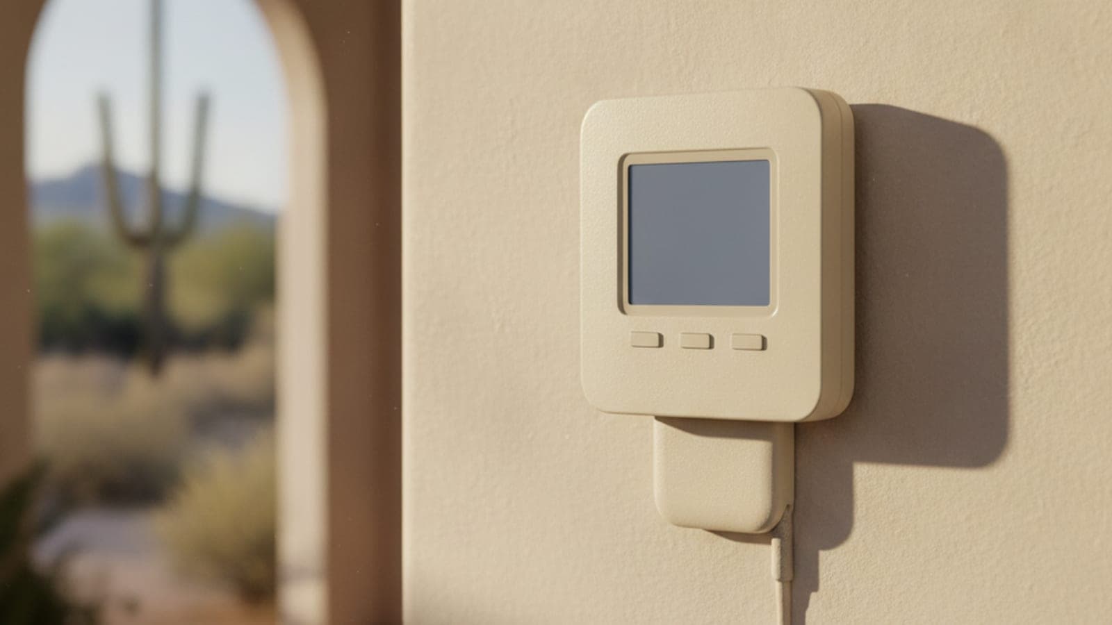 Wall thermostat in a hallway of a Tucson home with warm afternoon light coming through a window onto the wall