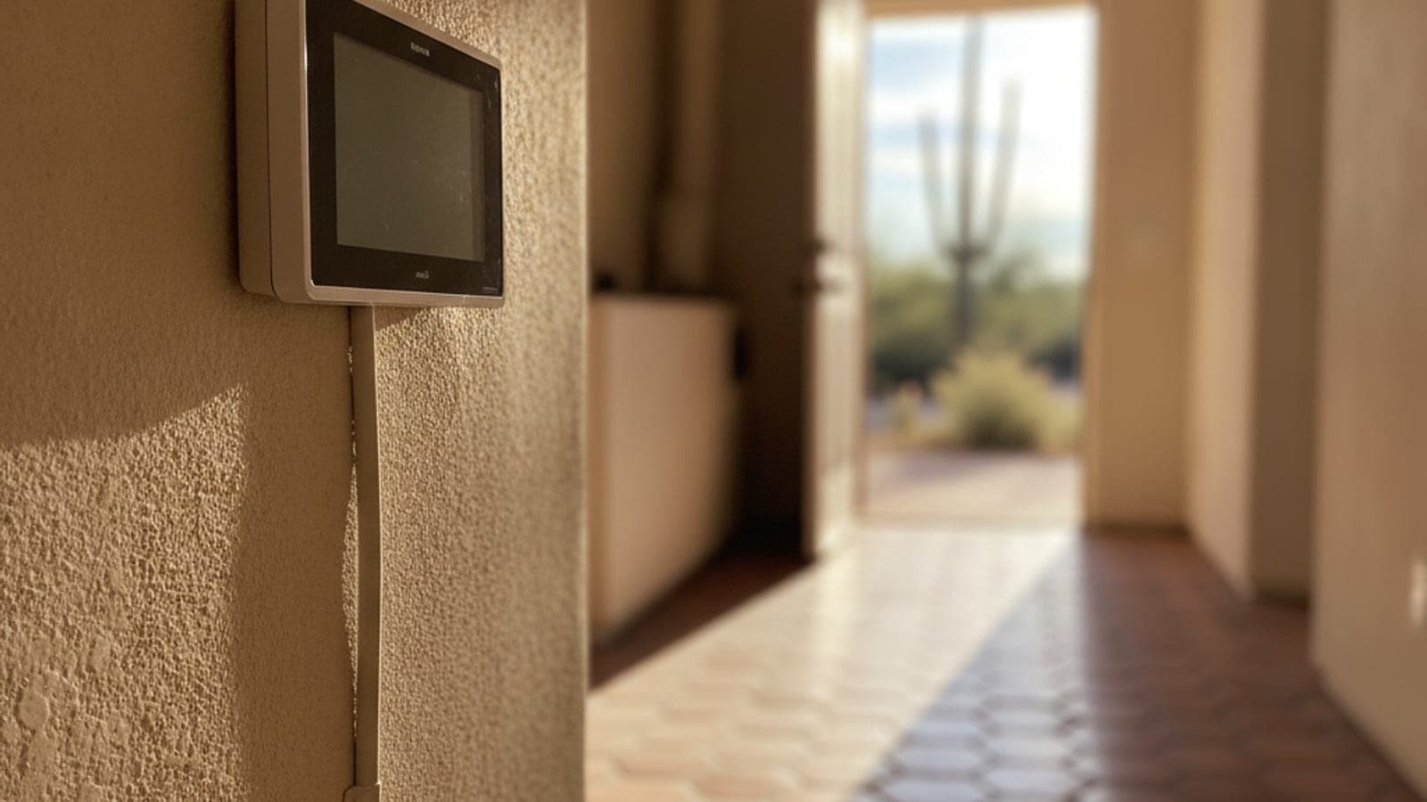 Digital thermostat on a wall in a Tucson home with a tile floor and desert light