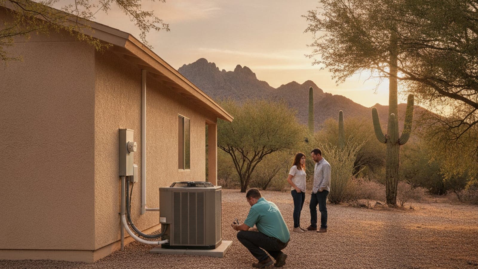 Stucco home on the edge of Marana with a ground-set AC condenser on a gravel pad, mesquite and saguaro, distant desert mountains in warm light