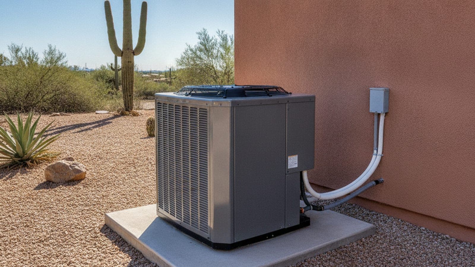 Outdoor AC condenser on a concrete pad beside a Tucson stucco home with a saguaro in the background