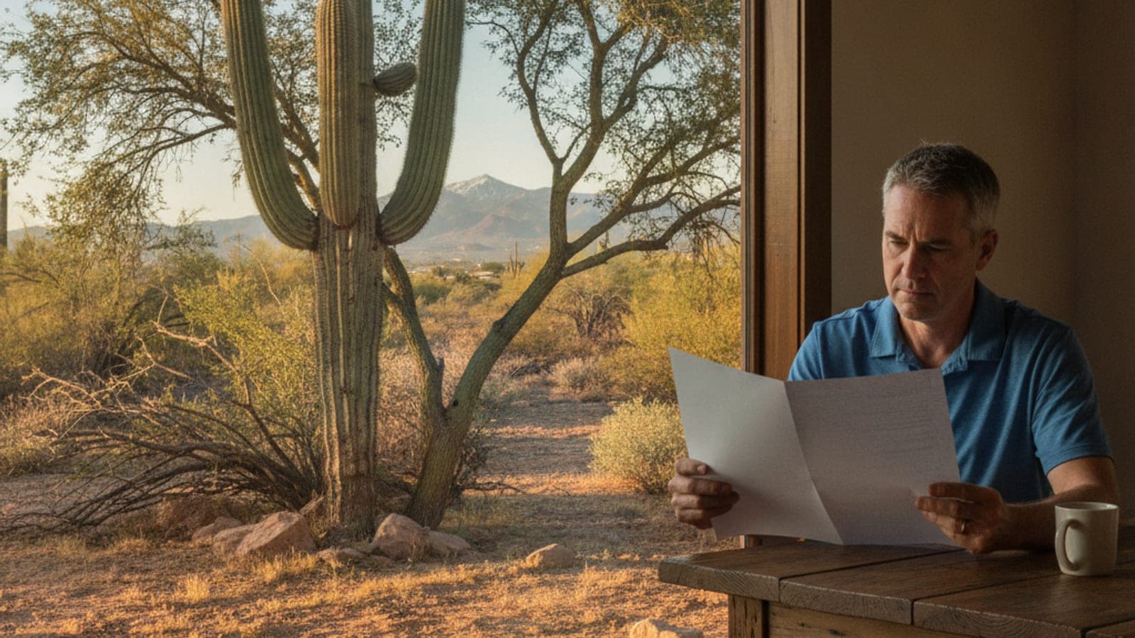 Homeowner reviewing a paper quote at a table beside a window with a saguaro and palo verde outside in Tucson light