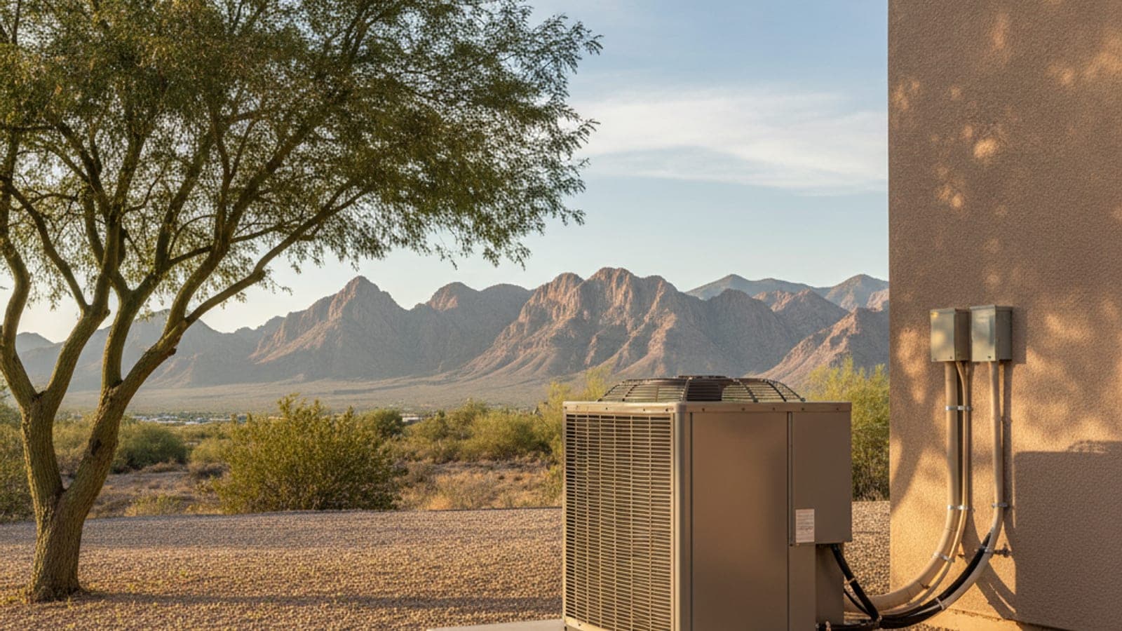 Outdoor heat pump condenser on a pad beside a Tucson stucco home with palo verde and a clear blue desert sky