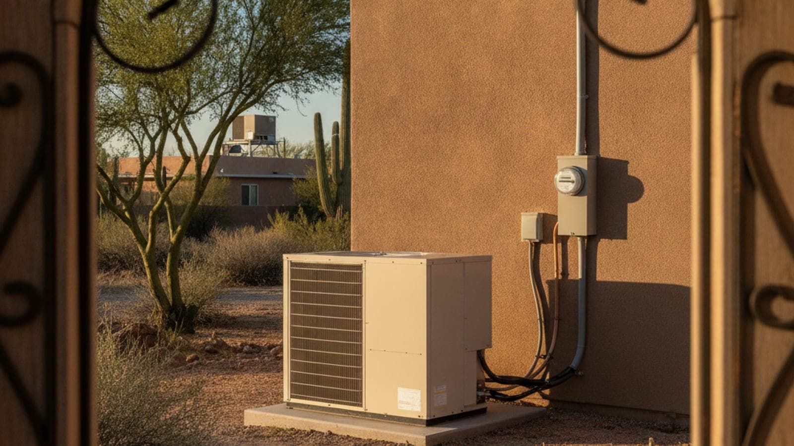 Tucson stucco home with a rooftop package unit and a ground-set condenser visible, saguaro in front under blue sky