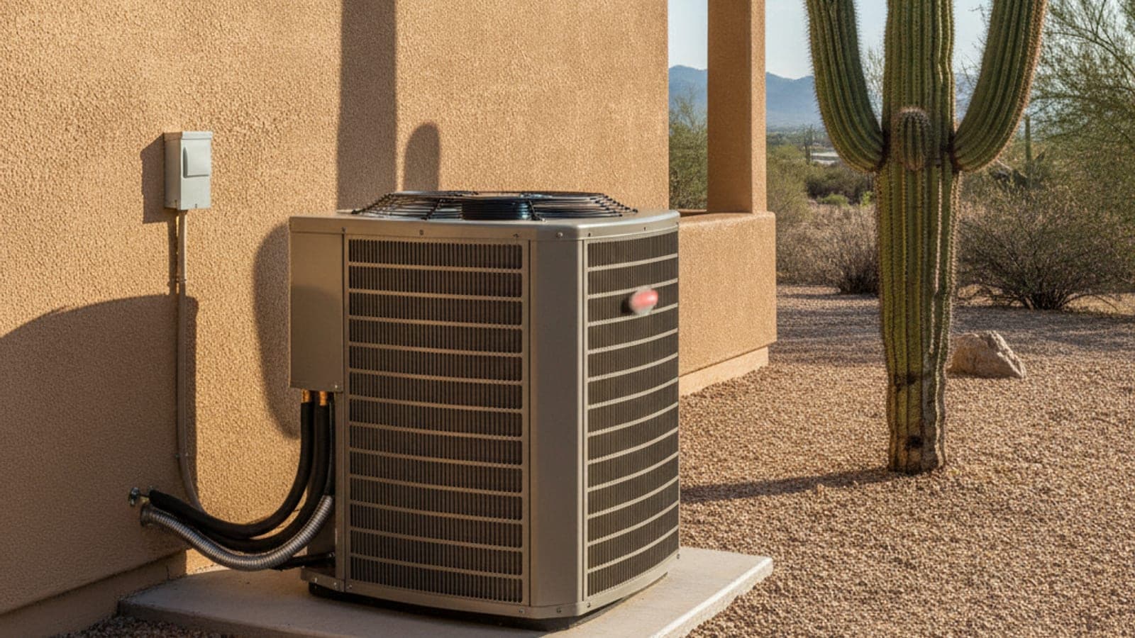 Condenser unit beside a Tucson block home with a faded manufacturer rating label out of focus, gravel yard and saguaro in bright sun