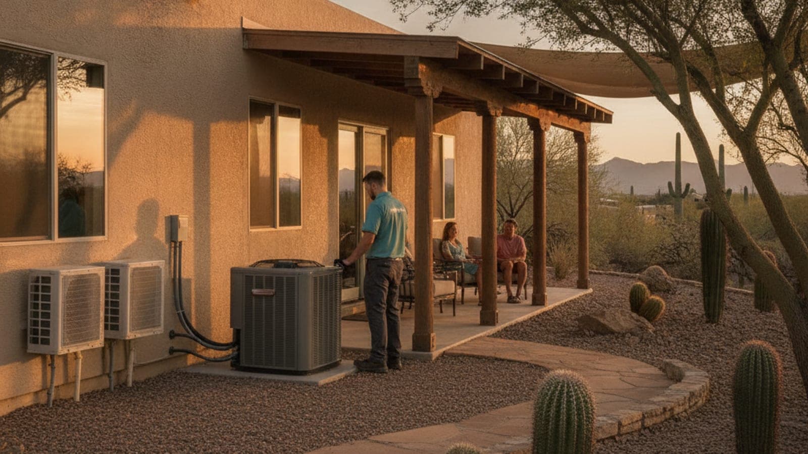 Single-story stucco home with large west-facing windows and a shaded patio in Tucson, a saguaro and palo verde in the front yard