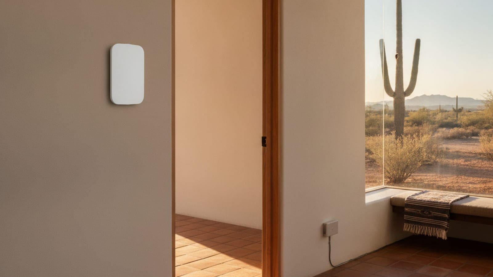 A wall thermostat in a bright Tucson living room with tile floors and sunlight from a west window