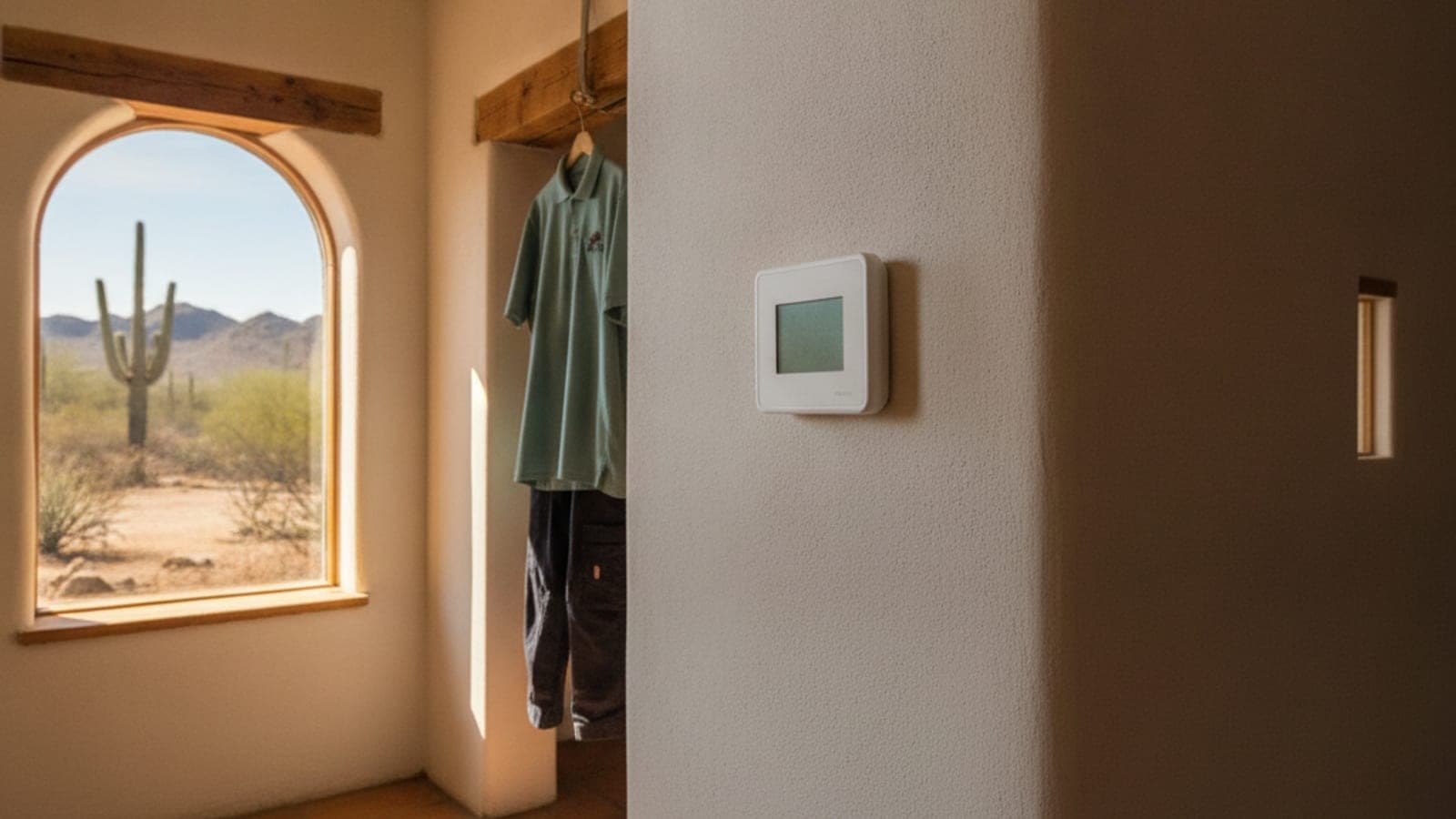 Wall thermostat in a Tucson hallway with warm afternoon desert light through a window