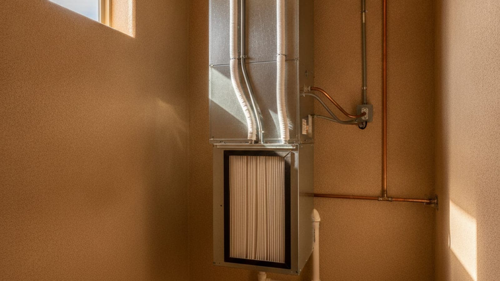 Ducted air handler with a new filter cabinet in a clean utility closet of a Tucson stucco home, desert light through a nearby window