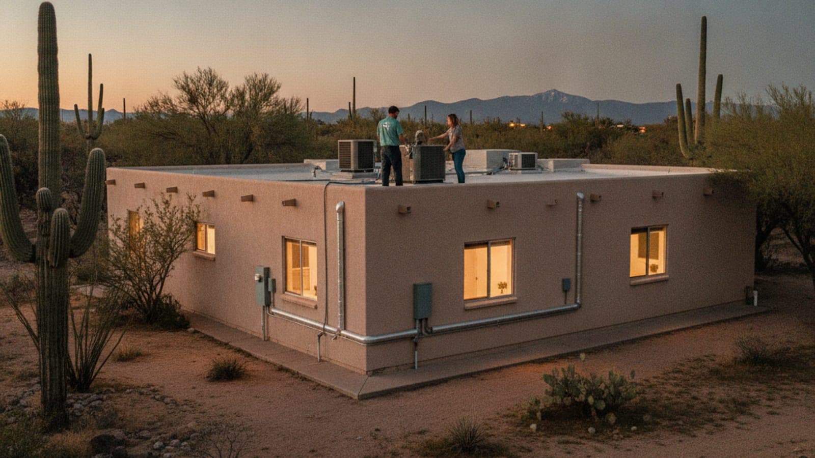 Tucson stucco home at dusk with windows open and a cooling night sky behind a saguaro and mesquite tree