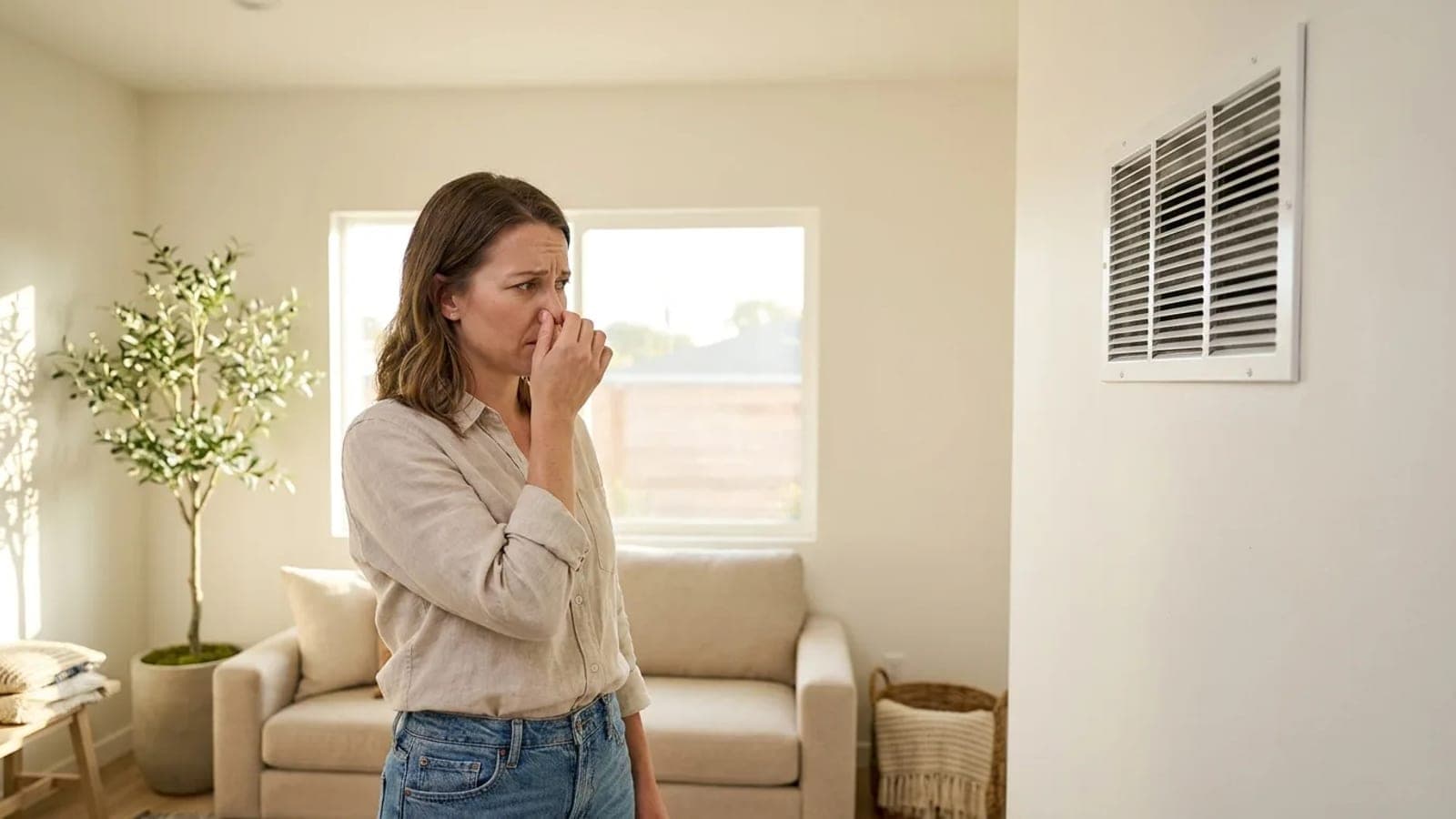 A woman covering her nose near a wall air vent in a bright living room