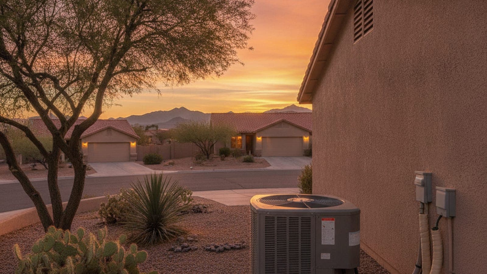 Evening light on a Tucson stucco home with an outdoor AC condenser running beside the wall