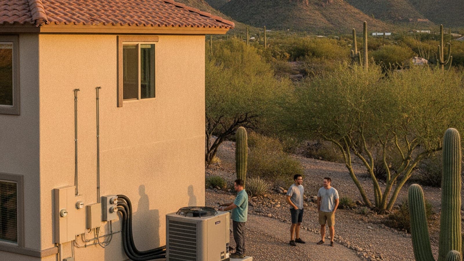 Two-story stucco home in the Catalina Foothills with a tile roof, saguaros and mountains behind in warm light