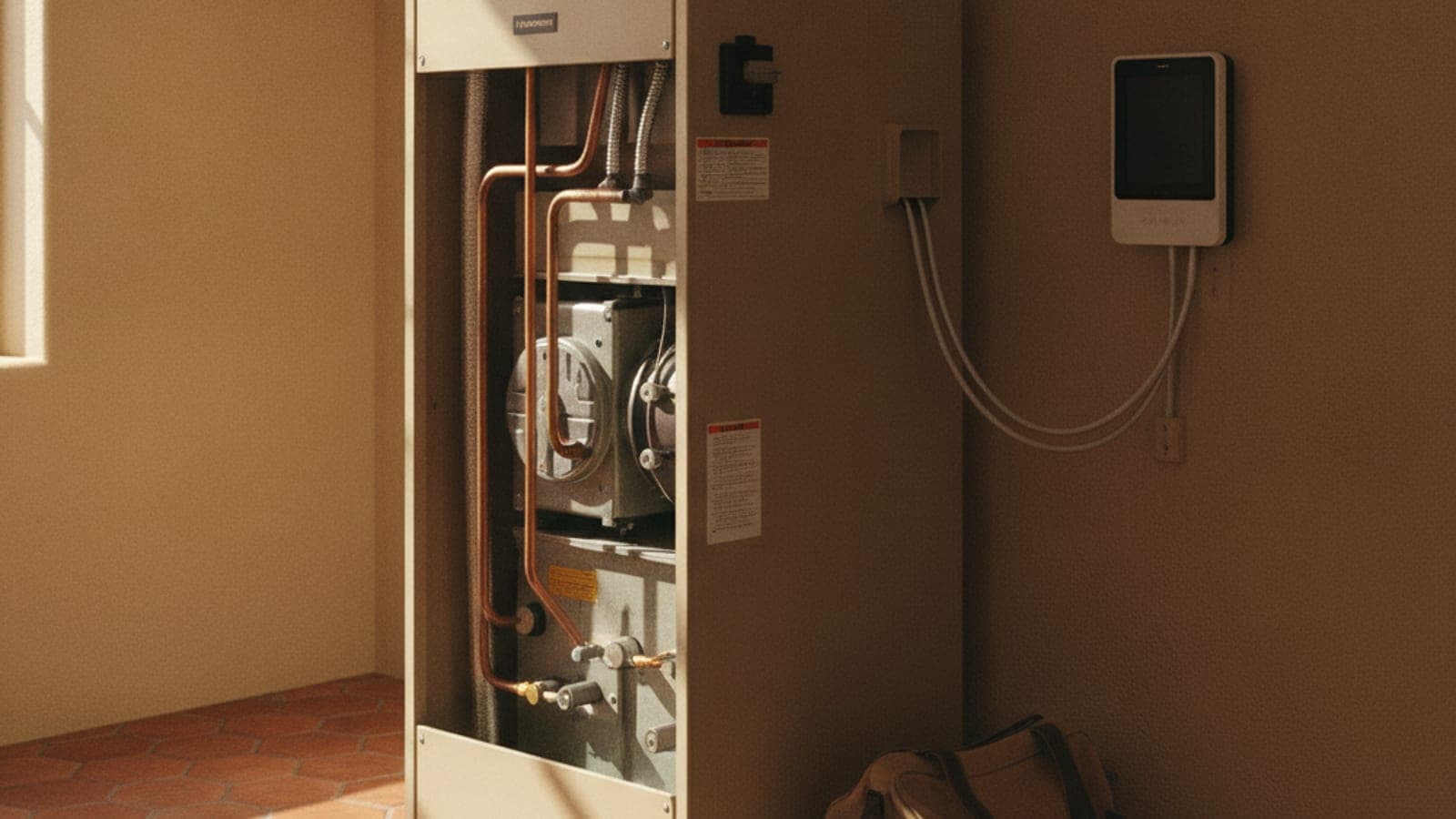 Gas furnace in a Tucson home utility closet with the access panel closed, tile floor and warm desert light from a nearby window