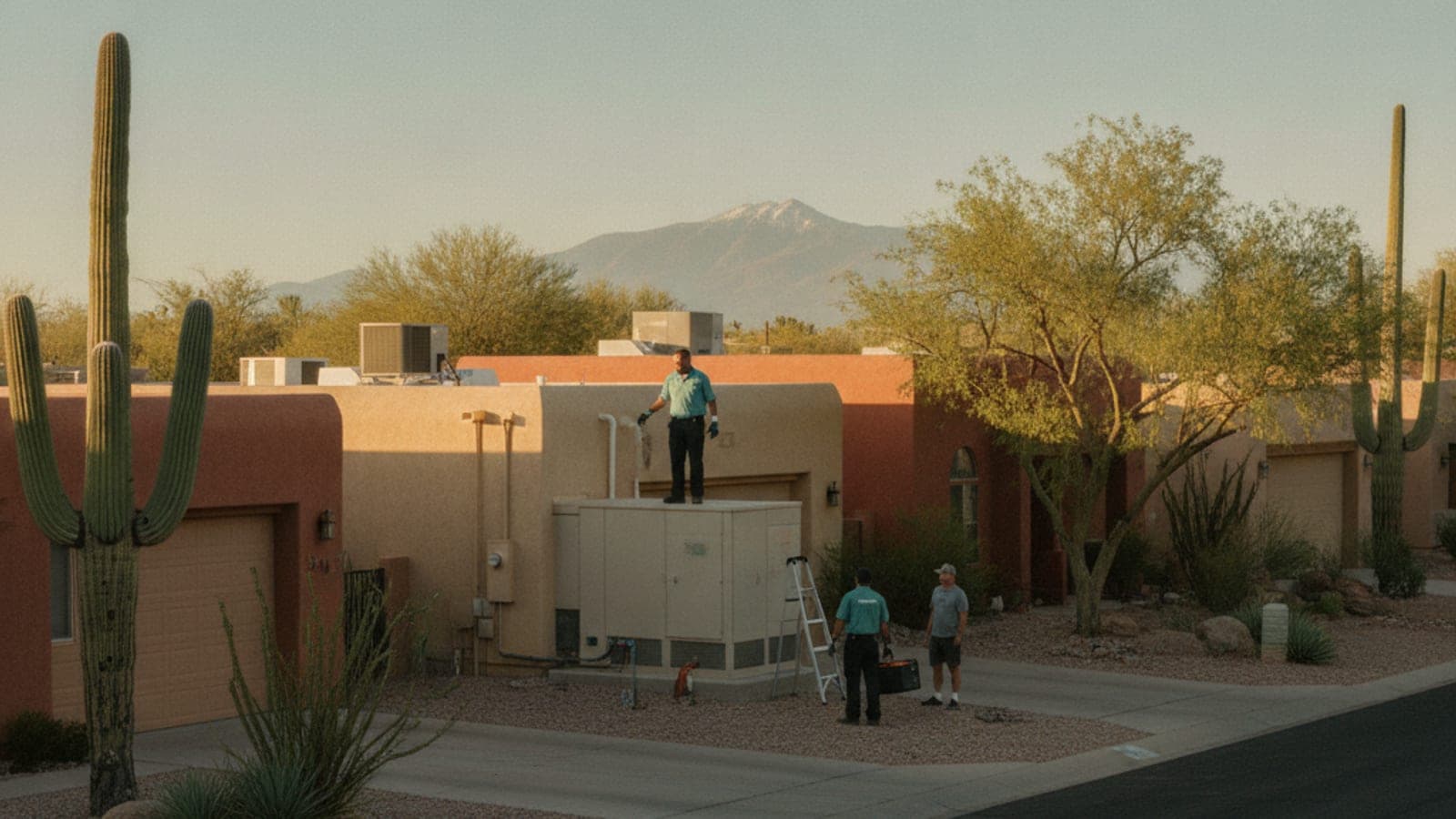Row of Tucson stucco homes with rooftop AC units under clear desert sky