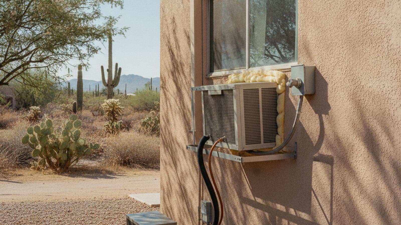 Window air conditioner installed in a small apartment window in Tucson with desert light and a mesquite tree outside