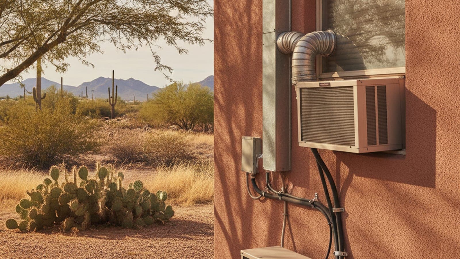 Window air conditioner mounted in a small Tucson apartment window with desert light
