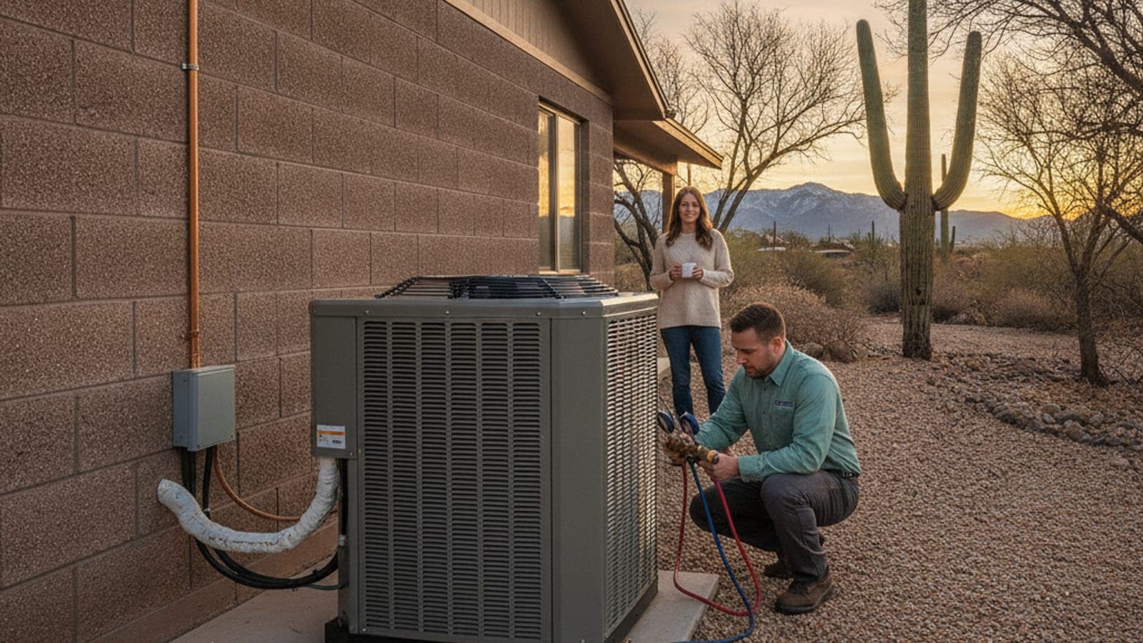 Tucson home at dawn with frost-free gravel yard, an outdoor heat pump unit and saguaro under cold clear light