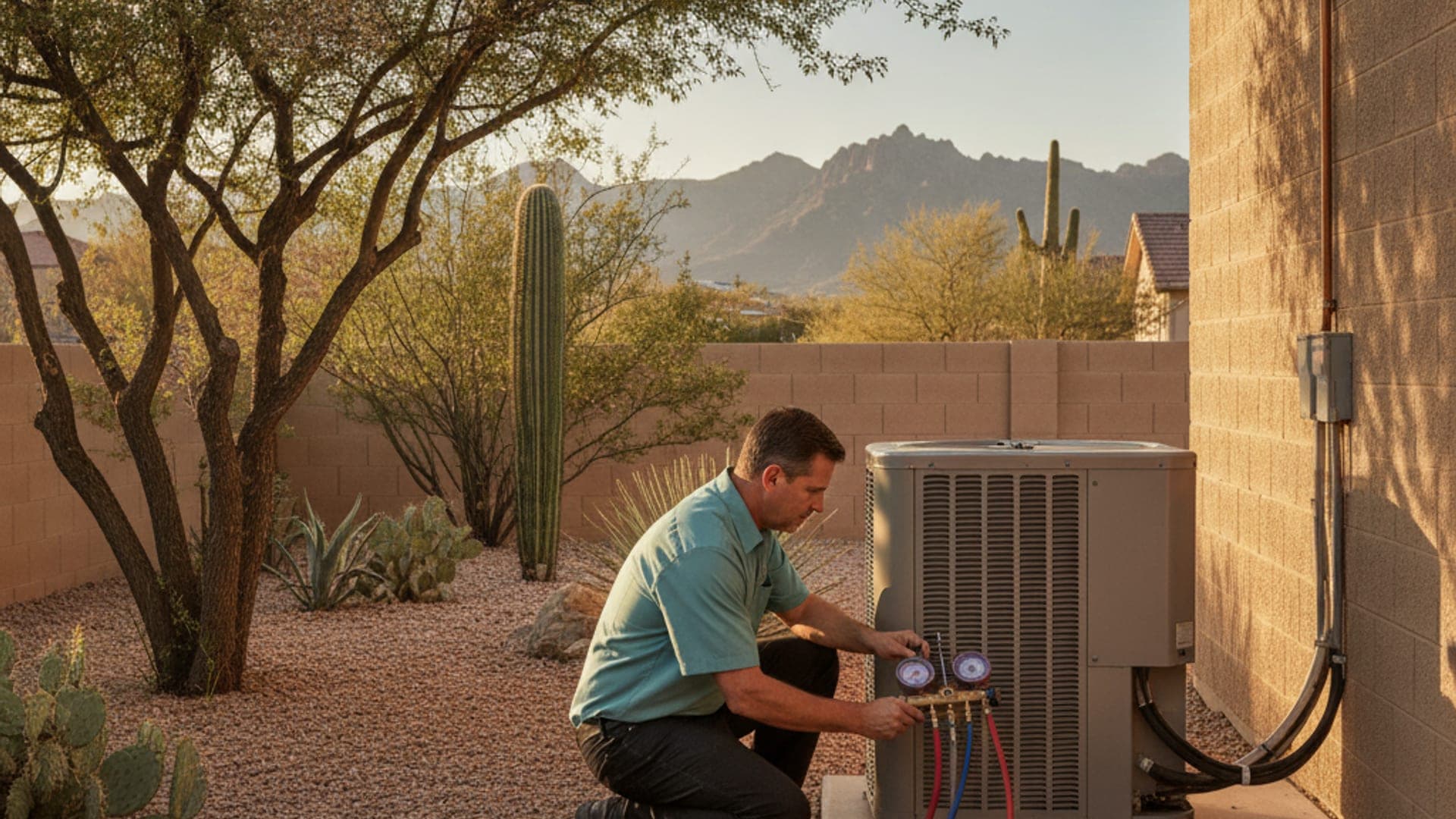 HVAC technician checking refrigerant pressures with a digital manifold gauge on a residential outdoor unit