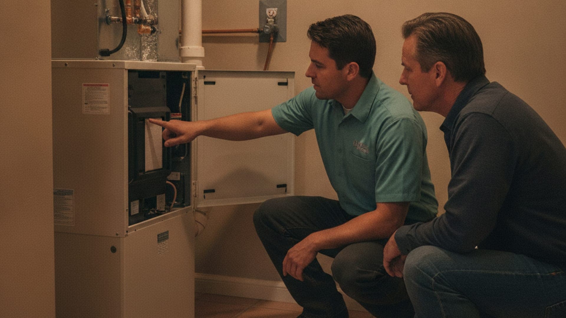 HVAC technician showing a homeowner the settings on a smart thermostat inside a well-lit home