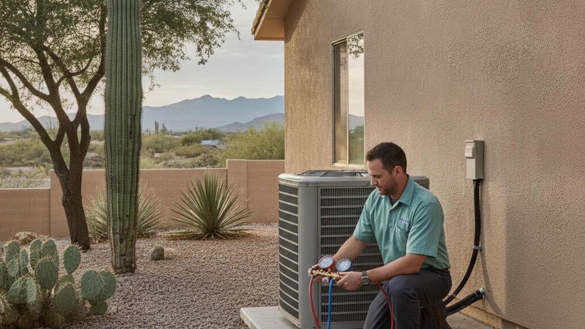 HVAC technician servicing an outdoor AC condenser unit beside a home in warm afternoon light