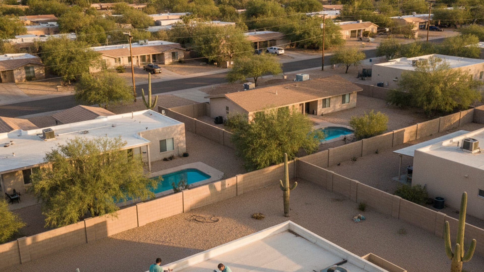 Stucco homes in a Tucson neighborhood with ground-set AC units and the Santa Catalina Mountains behind