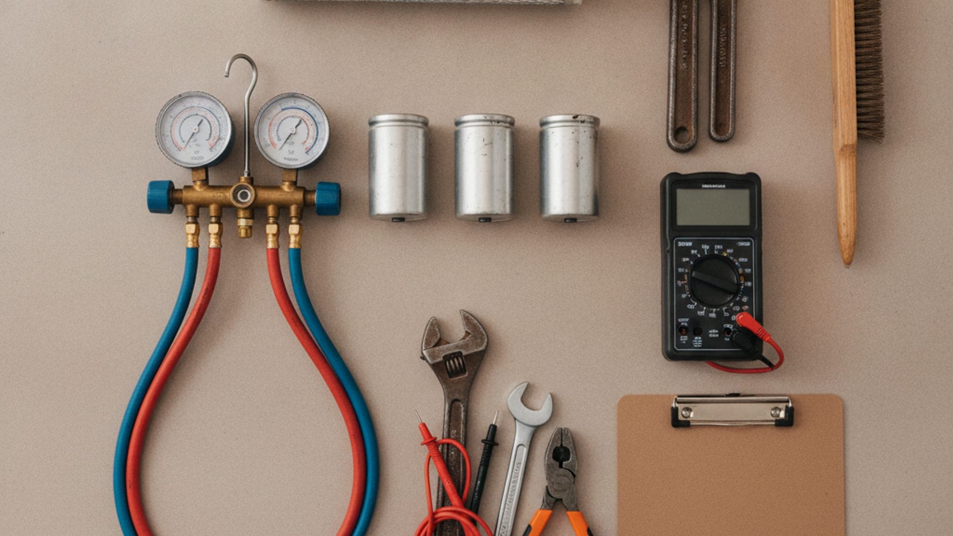 Overhead flat-lay of HVAC service tools including refrigerant gauges, a multimeter and capacitors on a clean work surface
