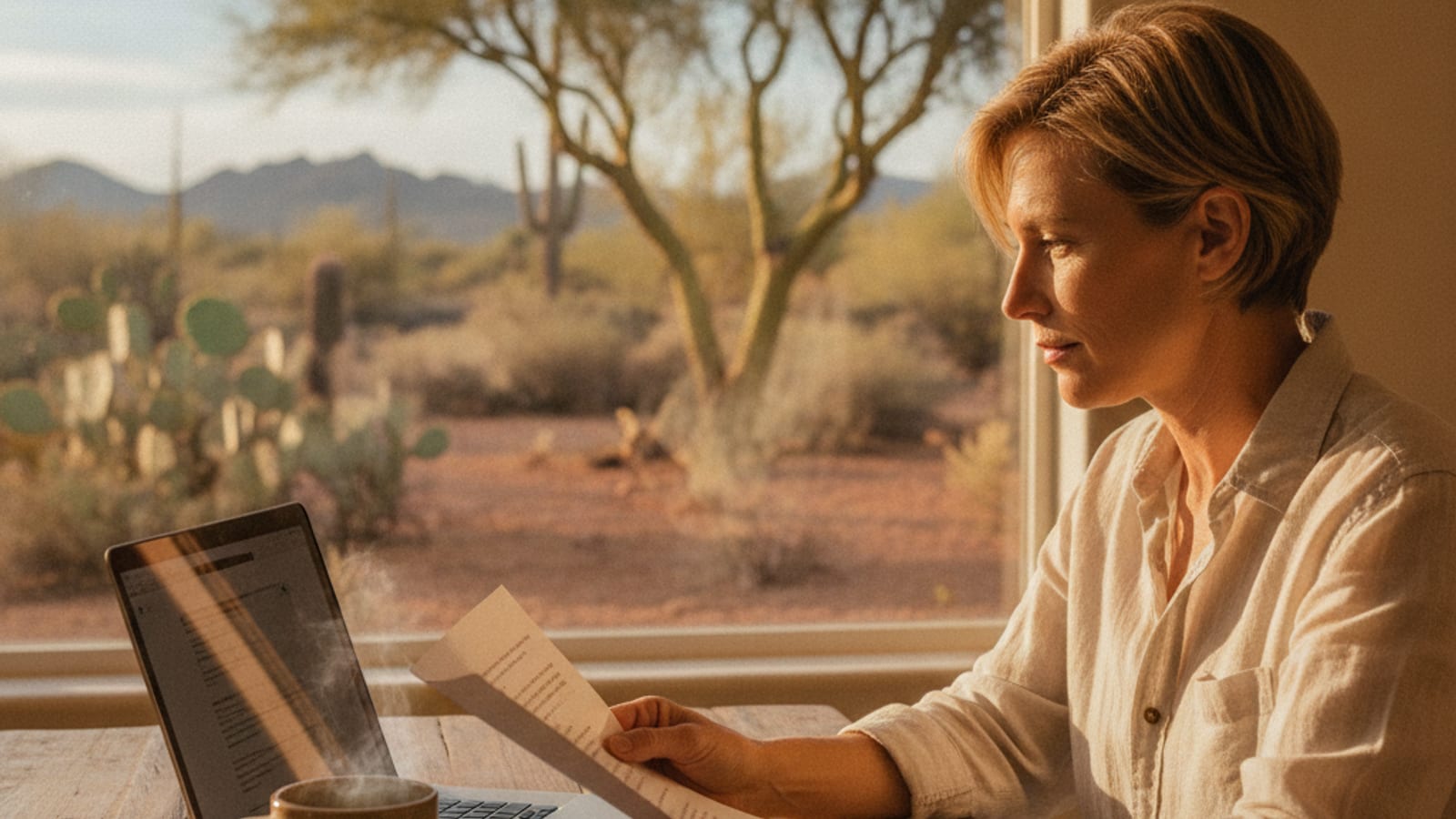 Homeowner at a kitchen table comparing a printed HVAC quote with a contractor license search on a laptop