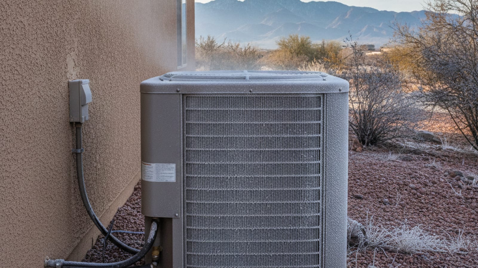 Heat pump outdoor unit with light frost on its coil on a cold desert morning in Tucson
