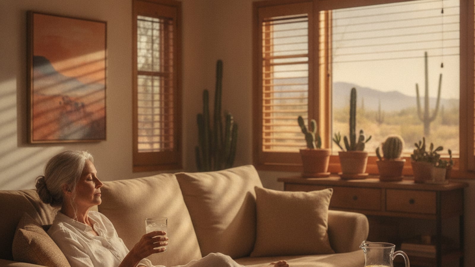 Closed blinds holding back bright afternoon sun in a Tucson living room with a pitcher of water on the table
